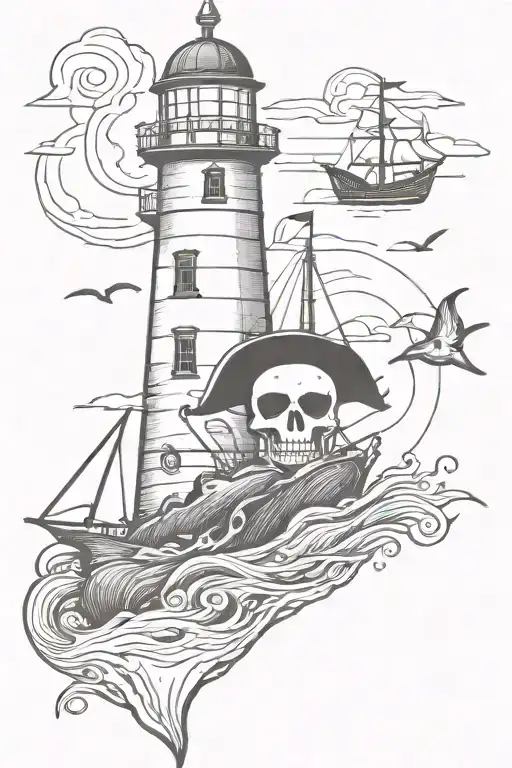 Lighthouse at top, whale in the middle, pirate ship below, anchor at the bottom. tattoo design idea