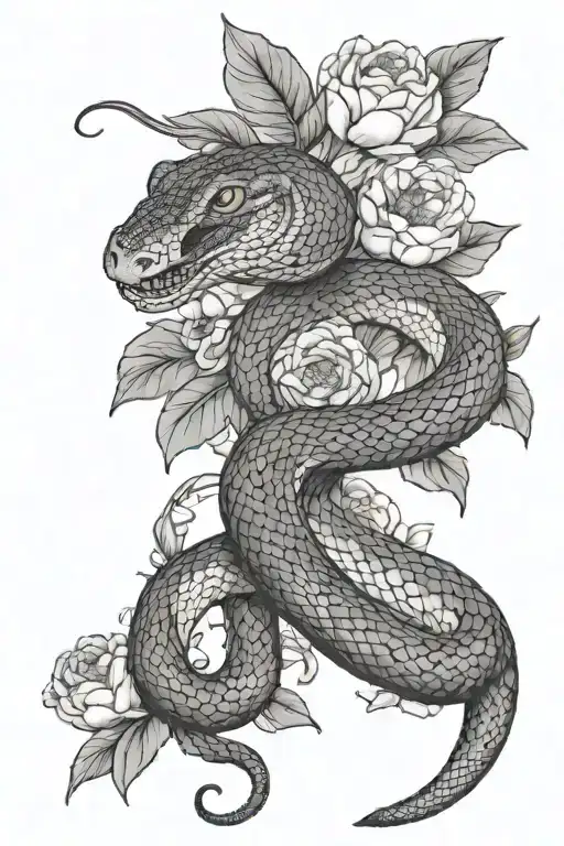 A scaly snake slithers through blooming peonies，Movements are natural. tattoo design idea