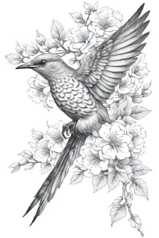 The cuckoo bird spreads its wings sideways among the flowers, its wings stretched and its posture graceful. tattoo design idea