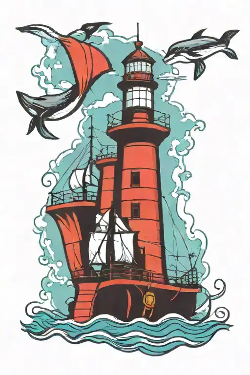 Lighthouse at top, whale in the middle, pirate ship below, anchor at the bottom. tattoo design idea