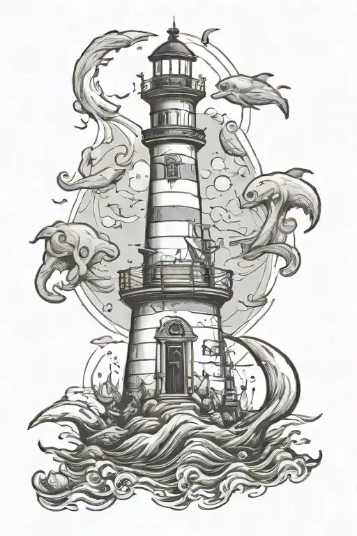 The lighthouse is at the top, the whale is in the middle, the pirate ship is at the bottom, and the anchor is at the bottom, sketch line drawing. tattoo design idea