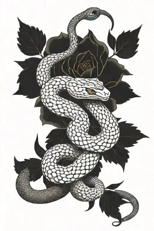 A scaly snake slithers through blooming peonies，Movements are natural. tattoo design idea