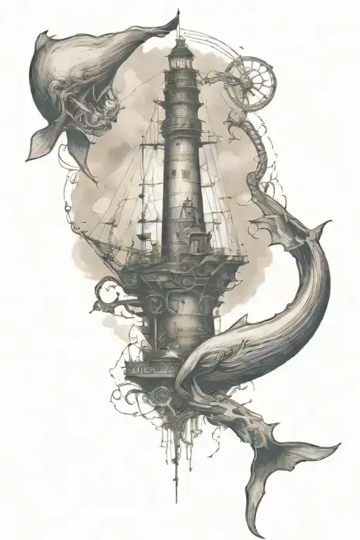 The lighthouse is at the top, the whale is in the middle, the pirate ship is at the bottom, and the anchor is at the bottom. tattoo design idea