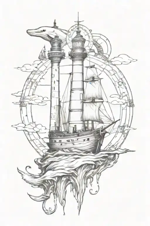 Lighthouse at top, whale in the middle, pirate ship below, anchor at the bottom. tattoo design idea