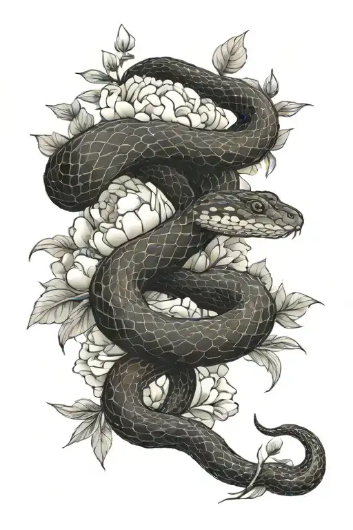 A scaly snake slithers through blooming peonies. tattoo design idea