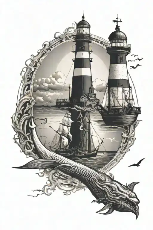 Lighthouse at top, whale in the middle, pirate ship below, anchor at the bottom. tattoo design idea