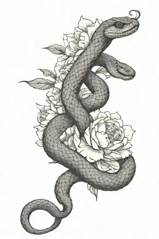 A scaly snake slithers through blooming peonies，Movements are natural. tattoo design idea