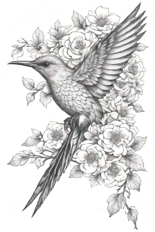 The cuckoo bird spreads its wings sideways among the flowers, its wings stretched and its posture graceful. tattoo design idea