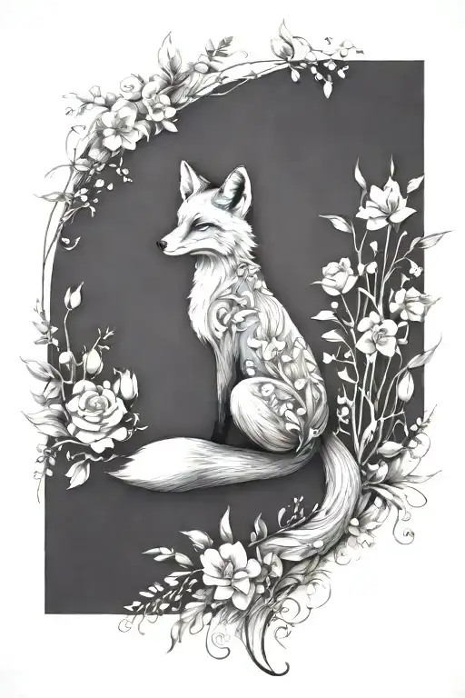 A fox with its back facing sideways, black and white sketch, elegant back lines, surrounded by lush flowers and plants tattoo design idea