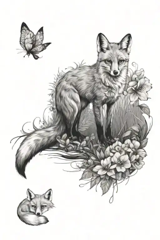 In the midst of flowers and plants, a fox with its back to its side, sketching in black and white, surrounded by lush fl tattoo design idea