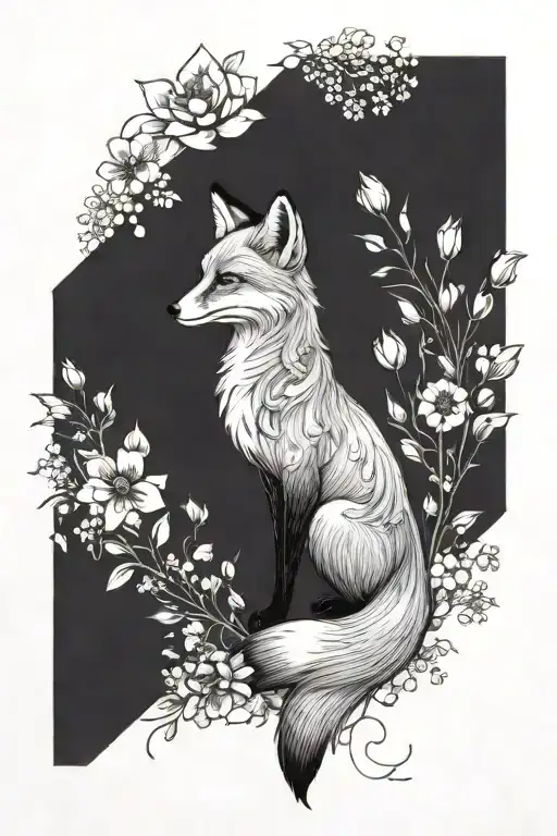 A fox with its back to the side, black and white sketch, fine hair on its back, surrounded by flowers and plants tattoo design idea