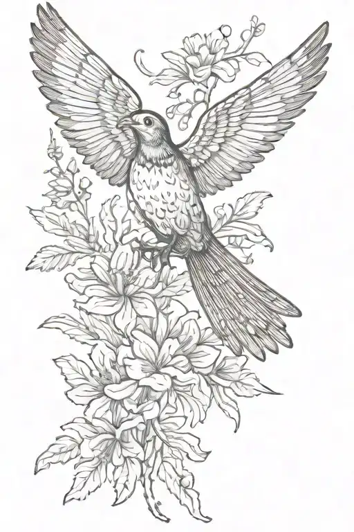 The cuckoo bird spreads its wings sideways among the flowers, its wings stretched and its posture graceful. tattoo design idea