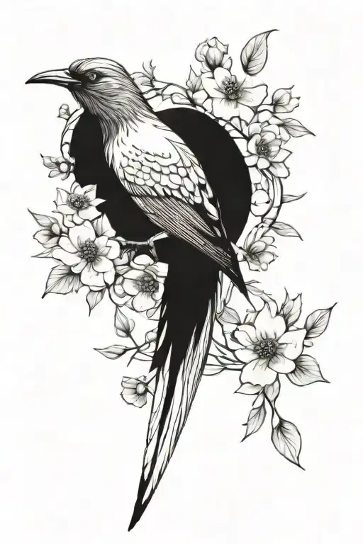 The cuckoo bird spreads its wings sideways among the flowers, its wings stretched and its posture graceful. tattoo design idea