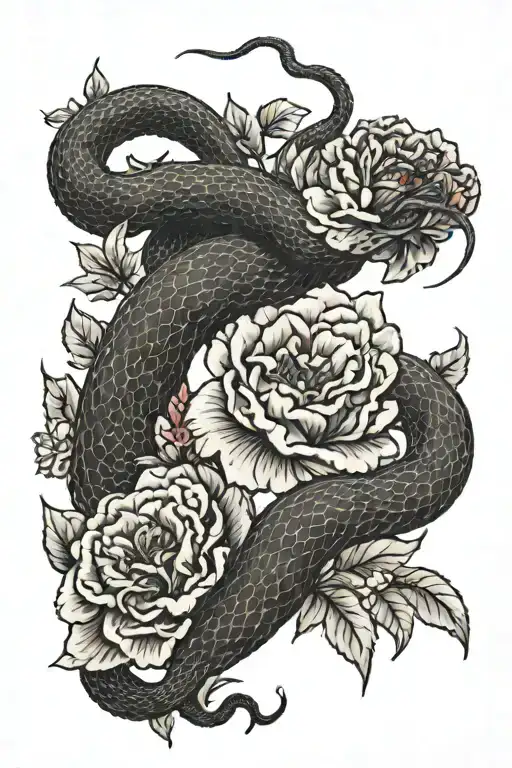 A scaly snake slithers through blooming peonies，Movements are natural. tattoo design idea
