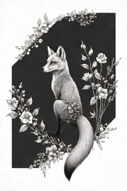 A fox with its back facing sideways, black and white sketch, elegant back lines, surrounded by lush flowers and plants tattoo design idea