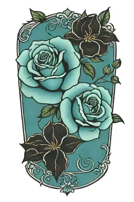 A main rose pattern, accompanied by surrounding vines, with rich and exquisite details. tattoo design idea