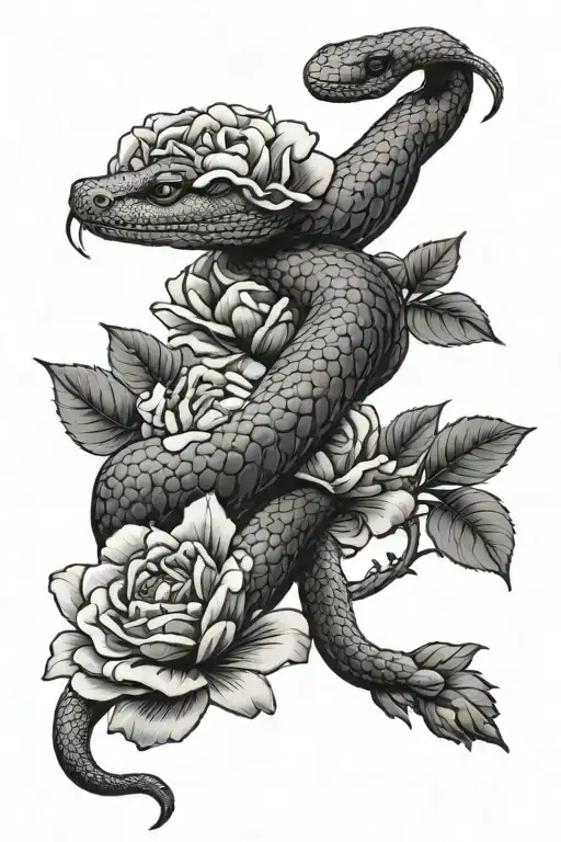 A scaly snake slithers through blooming peonies，Movements are natural. tattoo design idea