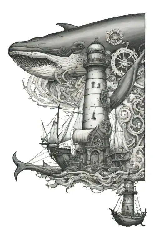 The lighthouse is at the top, the whale is in the middle, the pirate ship is at the bottom, and the anchor is at the bottom. tattoo design idea