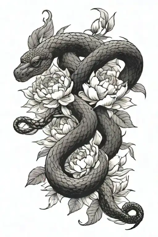 A scaly snake slithers through blooming peonies，Movements are natural. tattoo design idea