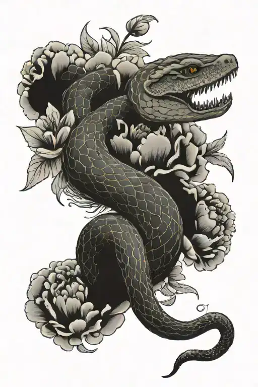 A scaly snake slithers through blooming peonies，Movements are natural. tattoo design idea