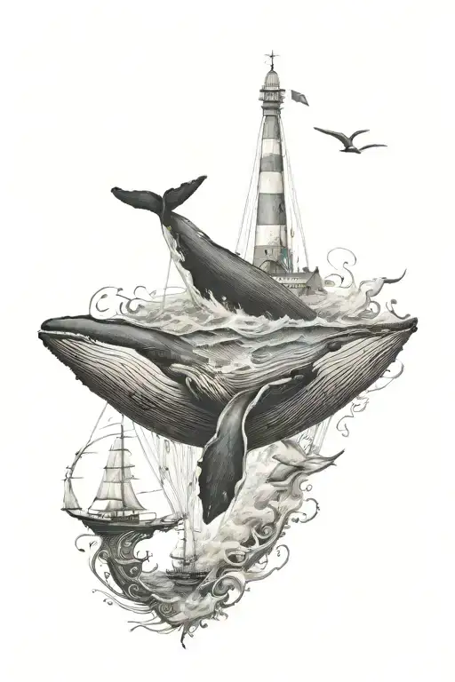 The lampstand is at the top, the whale is in the middle, and the sailboat is at the bottom tattoo design idea