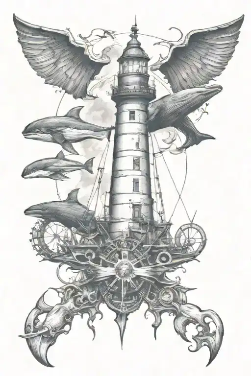 The lighthouse is at the top, the whale is in the middle, the pirate ship is at the bottom, and the anchor is at the bottom. tattoo design idea