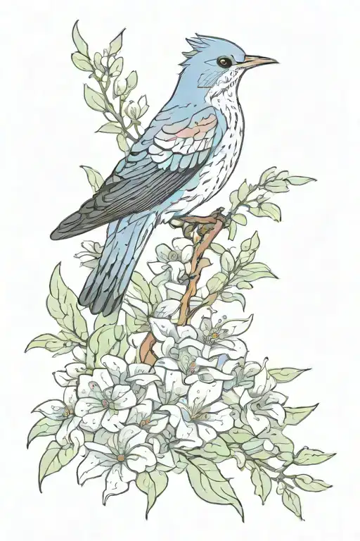 The cuckoo bird spreads its wings sideways among the flowers, its wings stretched and its posture graceful. tattoo design idea