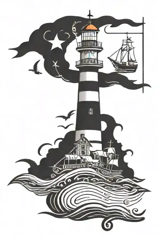 Lighthouse at top, whale in the middle, pirate ship below, anchor at the bottom. tattoo design idea