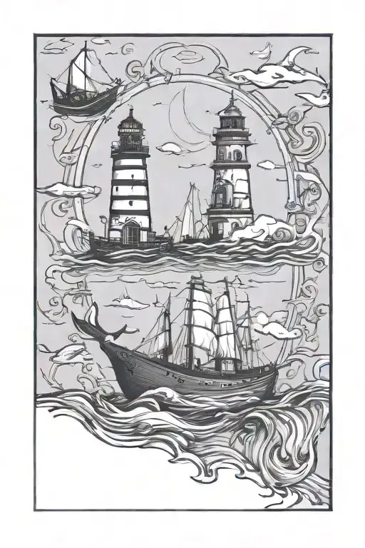 The lighthouse is at the top, the whale is in the middle, the pirate ship is at the bottom, and the anchor is at the bottom, sketch line drawing. tattoo design idea