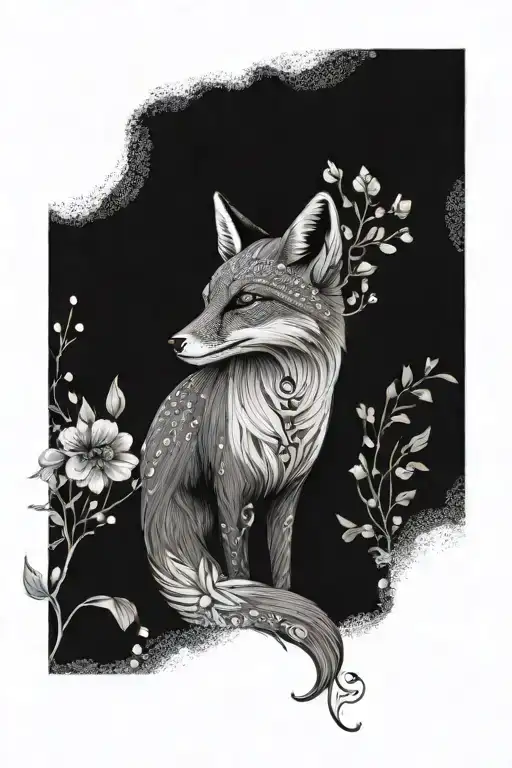 A fox with its back facing sideways, black and white sketch, elegant back lines, surrounded by lush flowers and plants tattoo design idea