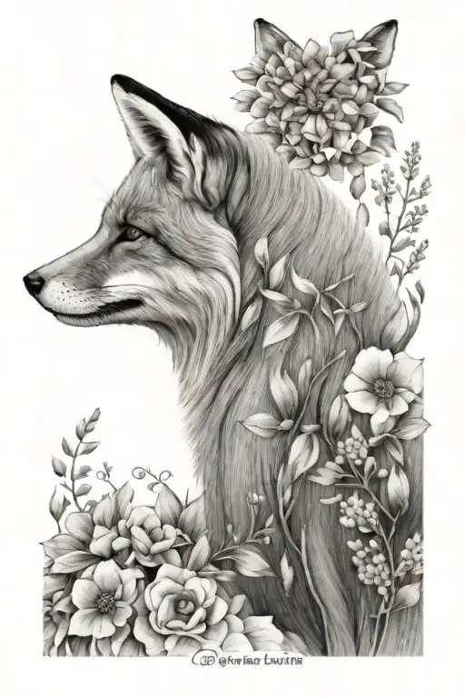 A fox with its back facing sideways, black and white sketch, elegant back lines, surrounded by lush flowers and plants tattoo design idea