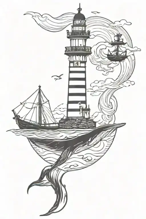 Lighthouse at top, whale in the middle, pirate ship below, anchor at the bottom. tattoo design idea