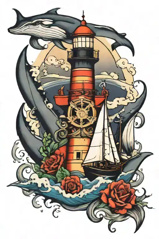 Lighthouse at top, whale in the middle, pirate ship below, anchor at the bottom. tattoo design idea