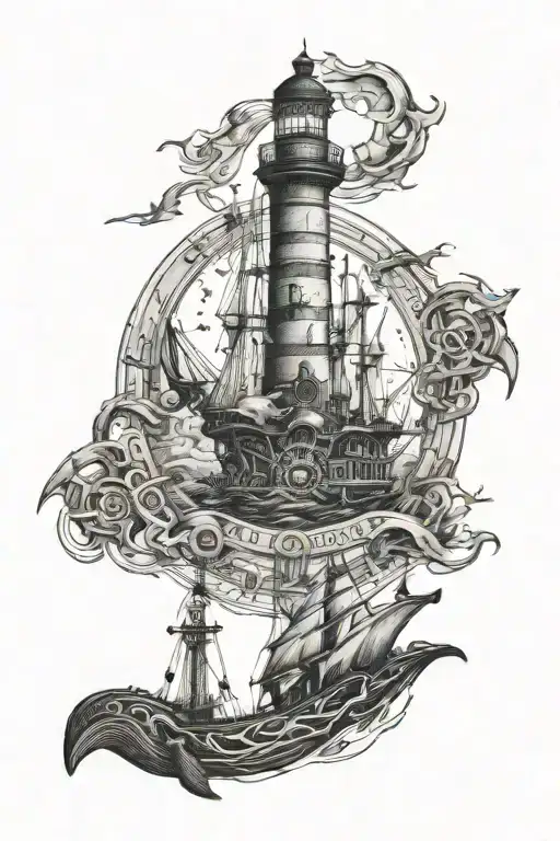 The lighthouse is at the top, the whale is in the middle, the pirate ship is at the bottom, and the anchor is at the bottom. tattoo design idea