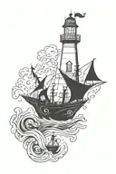 Lighthouse at top, whale in the middle, pirate ship below, anchor at the bottom. tattoo design idea