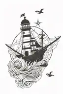 Lighthouse at top, whale in the middle, pirate ship below, anchor at the bottom. tattoo design idea