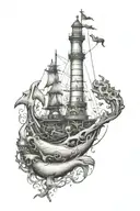The lighthouse is at the top, the whale is in the middle, the pirate ship is at the bottom, and the anchor is at the bottom. tattoo design idea