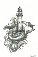 The lighthouse is at the top, the whale is in the middle, the pirate ship is at the bottom, and the anchor is at the bottom. tattoo design idea