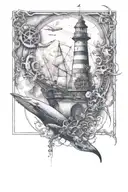 Lighthouse at top, whale in the middle, pirate ship below, anchor at the bottom. tattoo design idea