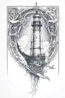 Lighthouse at top, whale in the middle, pirate ship below, anchor at the bottom. tattoo design idea