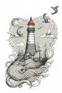 The lighthouse is at the top, the whale is in the middle, the pirate ship is at the bottom, and the anchor is at the bottom. tattoo design idea