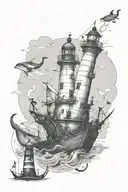 The lighthouse is at the top, the whale is in the middle, the pirate ship is at the bottom, and the anchor is at the bottom. tattoo design idea