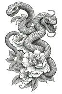 A scaly snake slithers through blooming peonies，Movements are natural. tattoo design idea