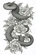 A scaly snake slithers through blooming peonies，Movements are natural. tattoo design idea