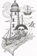 Lighthouse at top, whale in the middle, pirate ship below, anchor at the bottom. tattoo design idea