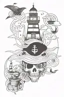 Lighthouse at top, whale in the middle, pirate ship below, anchor at the bottom. tattoo design idea