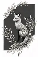 A fox with its back facing sideways, black and white sketch, elegant back lines, surrounded by lush flowers and plants tattoo design idea