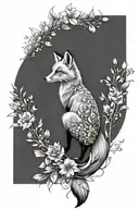 A fox with its back facing sideways, black and white sketch, elegant back lines, surrounded by lush flowers and plants tattoo design idea