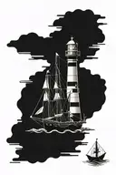 Lighthouse at top, whale in the middle, pirate ship below, anchor at the bottom. tattoo design idea