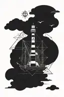 Lighthouse at top, whale in the middle, pirate ship below, anchor at the bottom. tattoo design idea